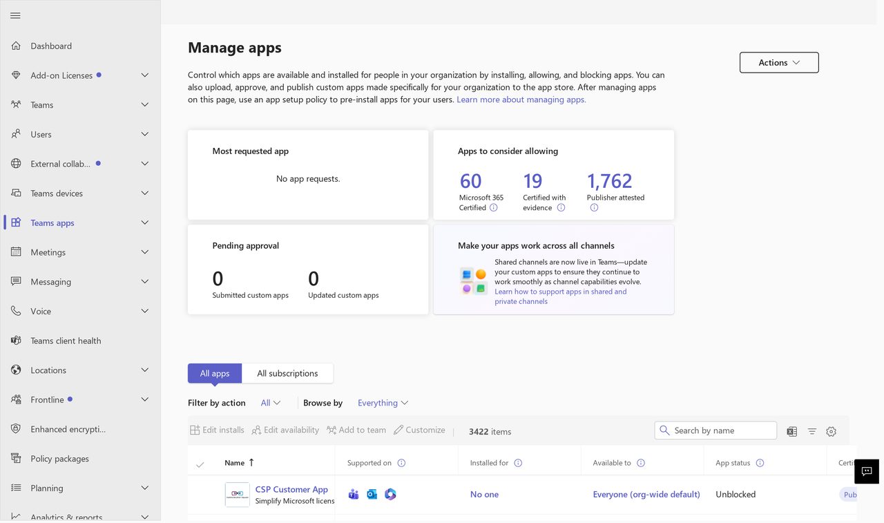 Tela de gerenciamento de aplicativos do centro de administração do Teams, com cartões indicando nenhuma solicitação de aplicativo pendente, 60 aplicativos certificados pelo Microsoft 365, 19 certificados com evidencia e 1.762 atestados pelo publicador, e a tabela do catalogo com 3.422 itens
