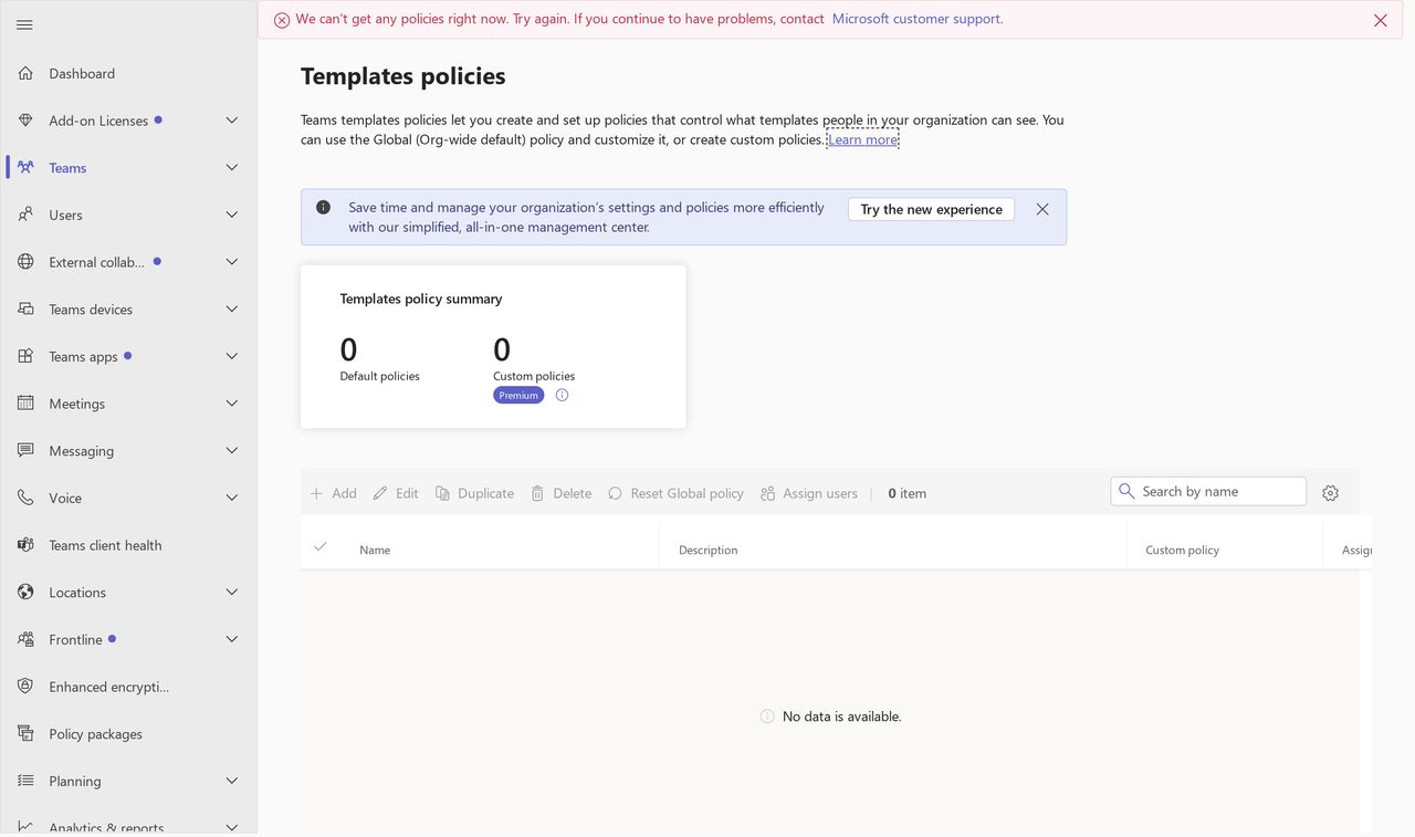 Tela de políticas de modelo do centro de administração do Teams, com o resumo indicando nenhuma política personalizada e a marca Premium no recurso
