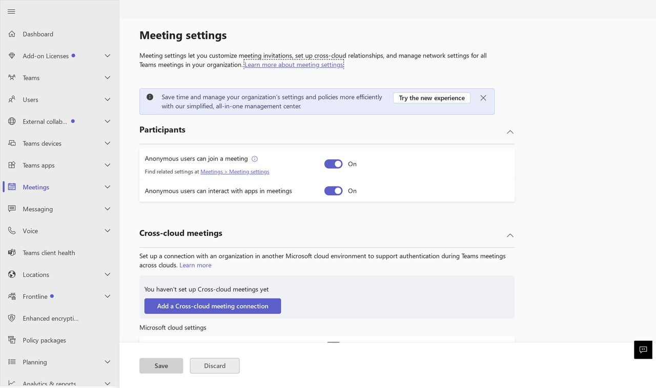 Tela de configurações de reunião do centro de administração do Teams, com os controles de participação anonima e de acesso de participantes externos as reuniões da organização