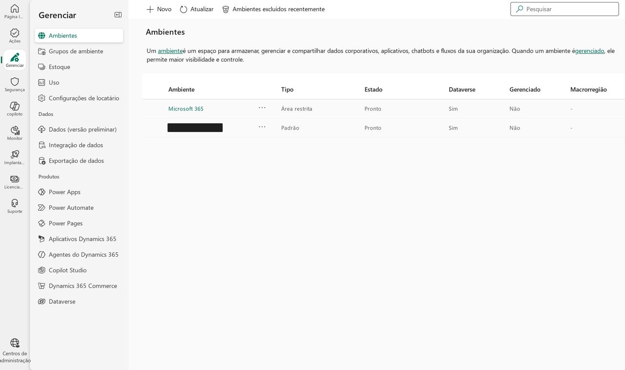 Tela de ambientes do centro de administração do Power Platform, com a tabela de ambientes e as colunas Tipo, Estado, Dataverse, Gerenciado e Macrorregião, mostrando um ambiente Microsoft 365 do tipo Área restrita e um ambiente Padrão; o nome do ambiente da organização aparece coberto por uma tarja