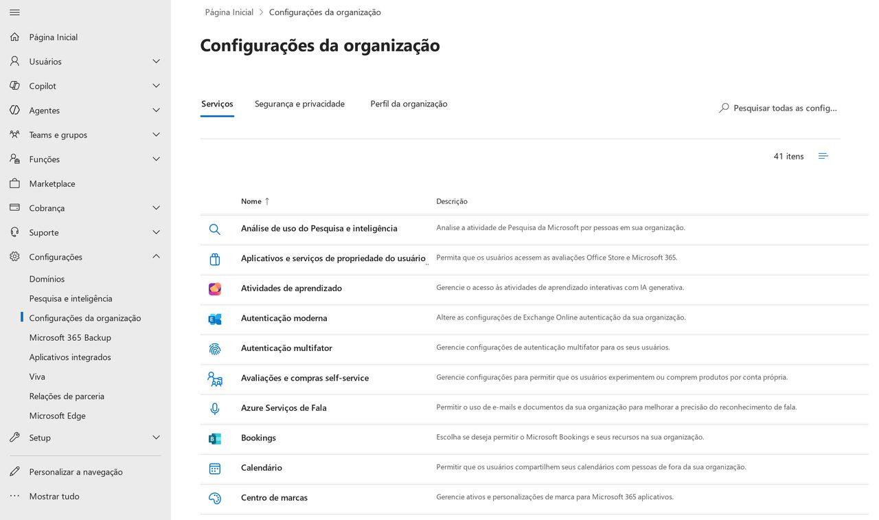 Tela de configurações da organização do centro de administração do Microsoft 365, listando 41 itens de configuração por serviço