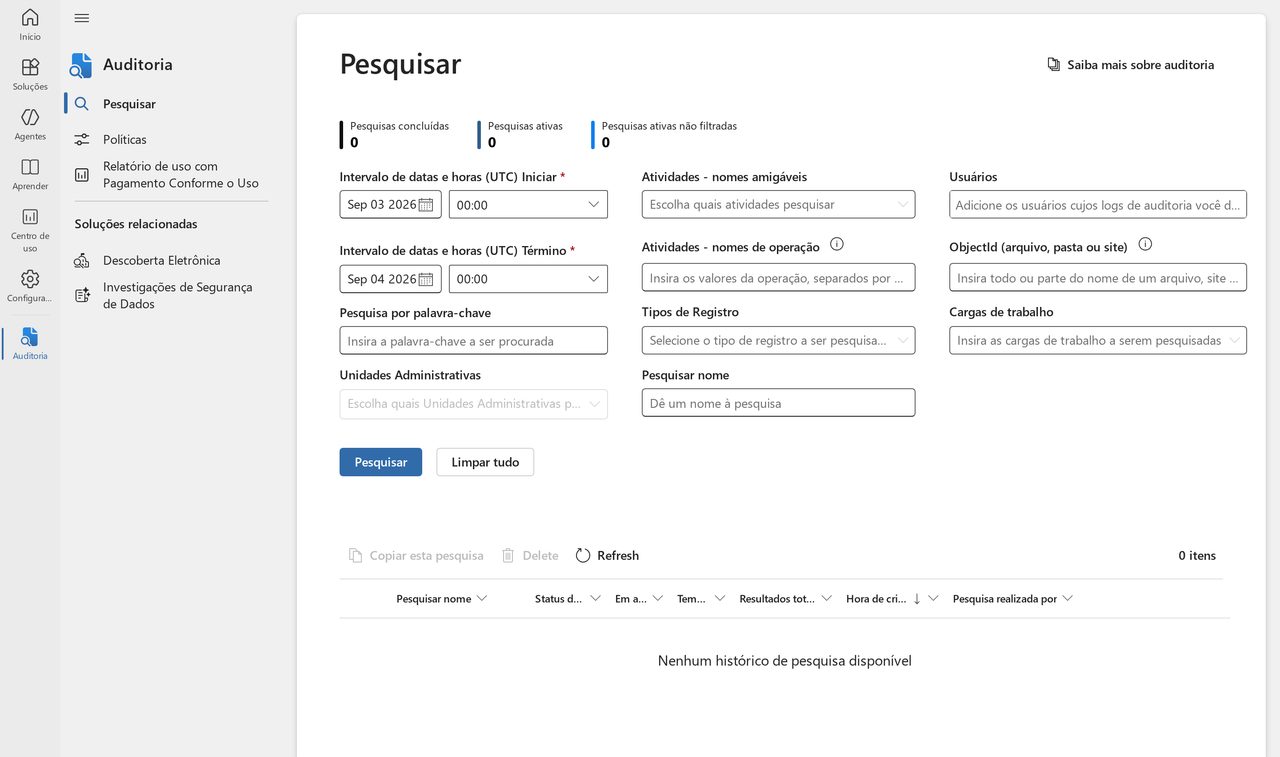 Tela de pesquisa de auditoria do portal do Microsoft Purview, com o campo de intervalo de data e hora em UTC, os filtros de atividade e usuário, e o resumo indicando nenhuma pesquisa concluída nem ativa