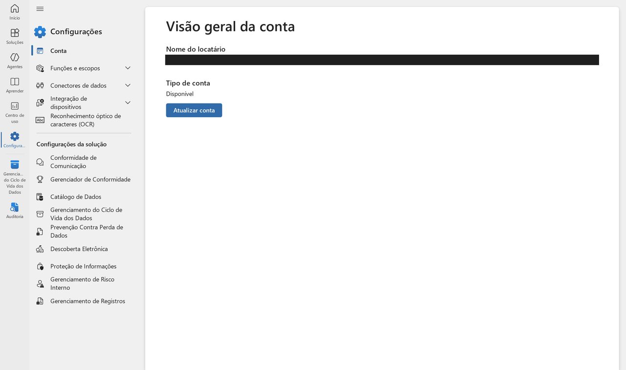 Tela de configurações do portal do Microsoft Purview, com as opções de configuração por solução; o nome da organização aparece coberto por uma tarja
