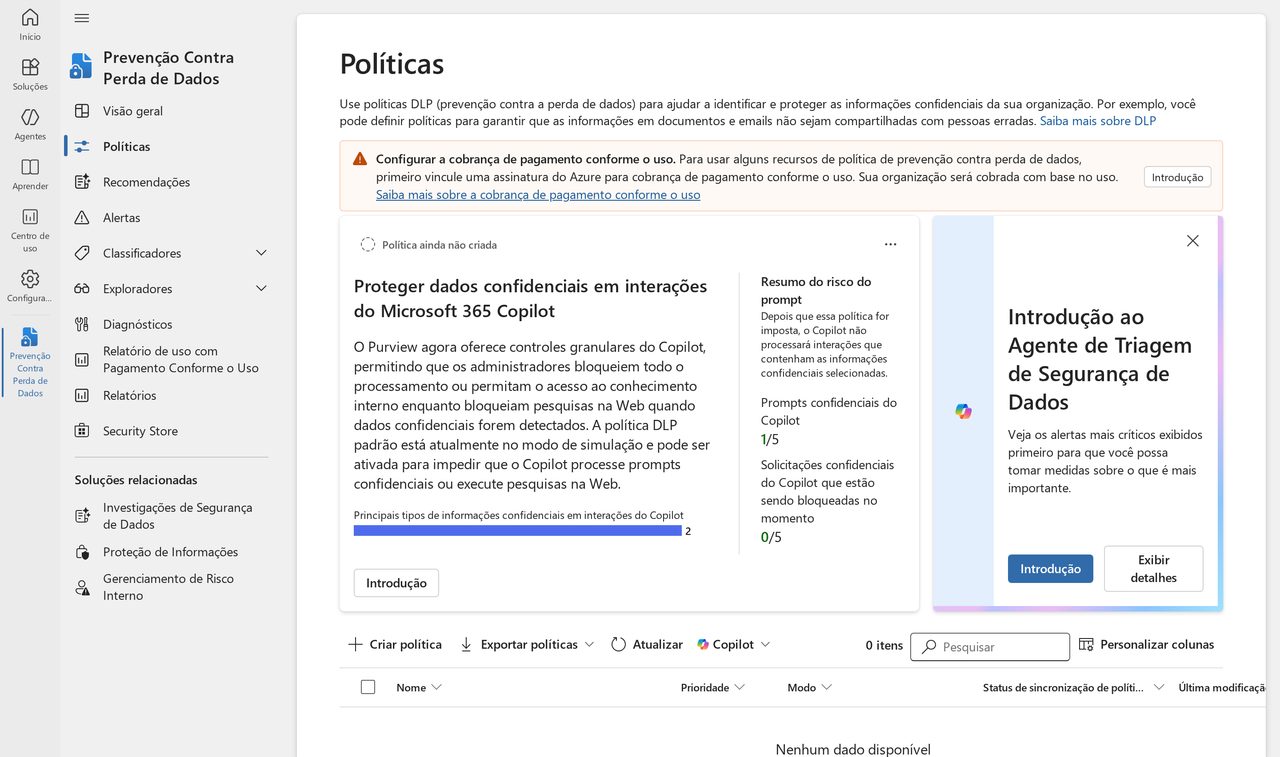 Tela de políticas de Prevenção Contra Perda de Dados no portal do Microsoft Purview, com a introdução ao Agente de Triagem de Segurança de Dados e as ações Criar política, Exportar políticas e Atualizar