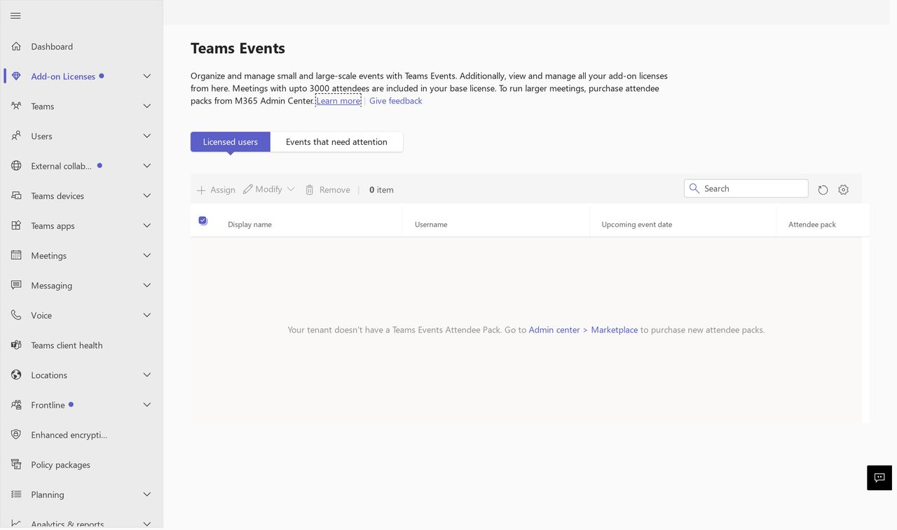 Tela de licenças complementares do Teams Events no centro de administração, com as abas Usuários licenciados e Eventos que precisam de atenção, a tabela vazia com zero itens e o aviso de que o tenant não tem pacote de participantes contratado