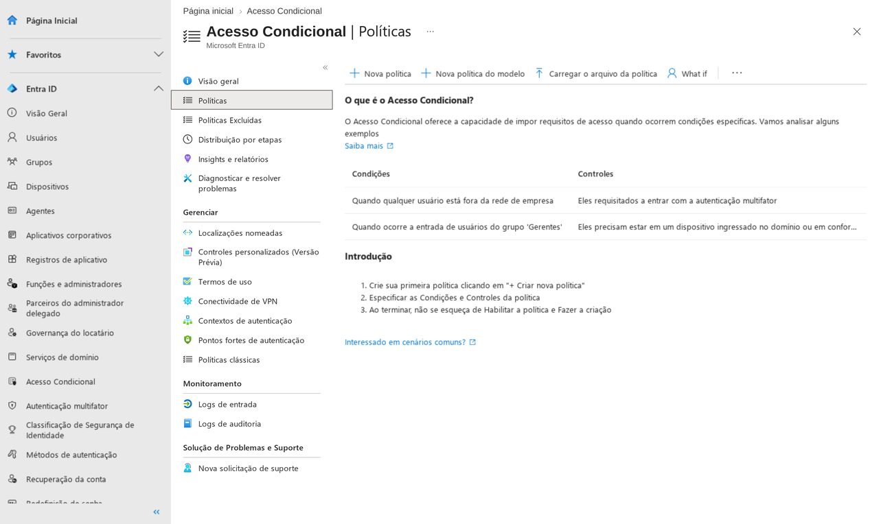 Tela de políticas de Acesso Condicional do centro de administração do Microsoft Entra, com o menu de políticas, distribuição por etapas e diagnostico, a explicação do recurso com dois exemplos de condição e controle, e o roteiro de três passos para criar a primeira política